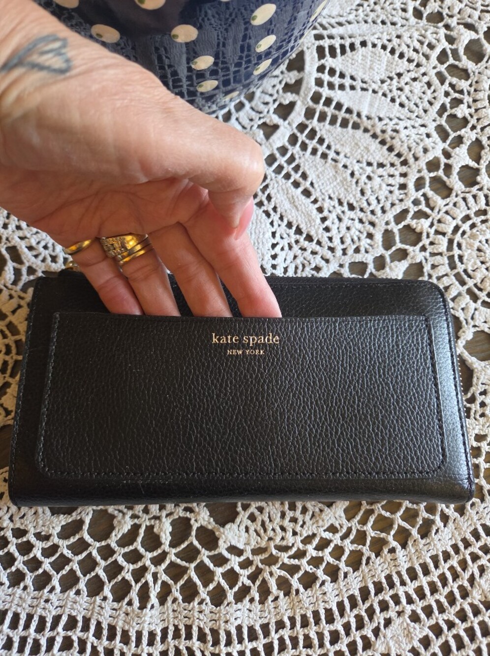 kate spade♠️ Black Pebbled Leather "Eva"L Continental Wallet with Gold Logo